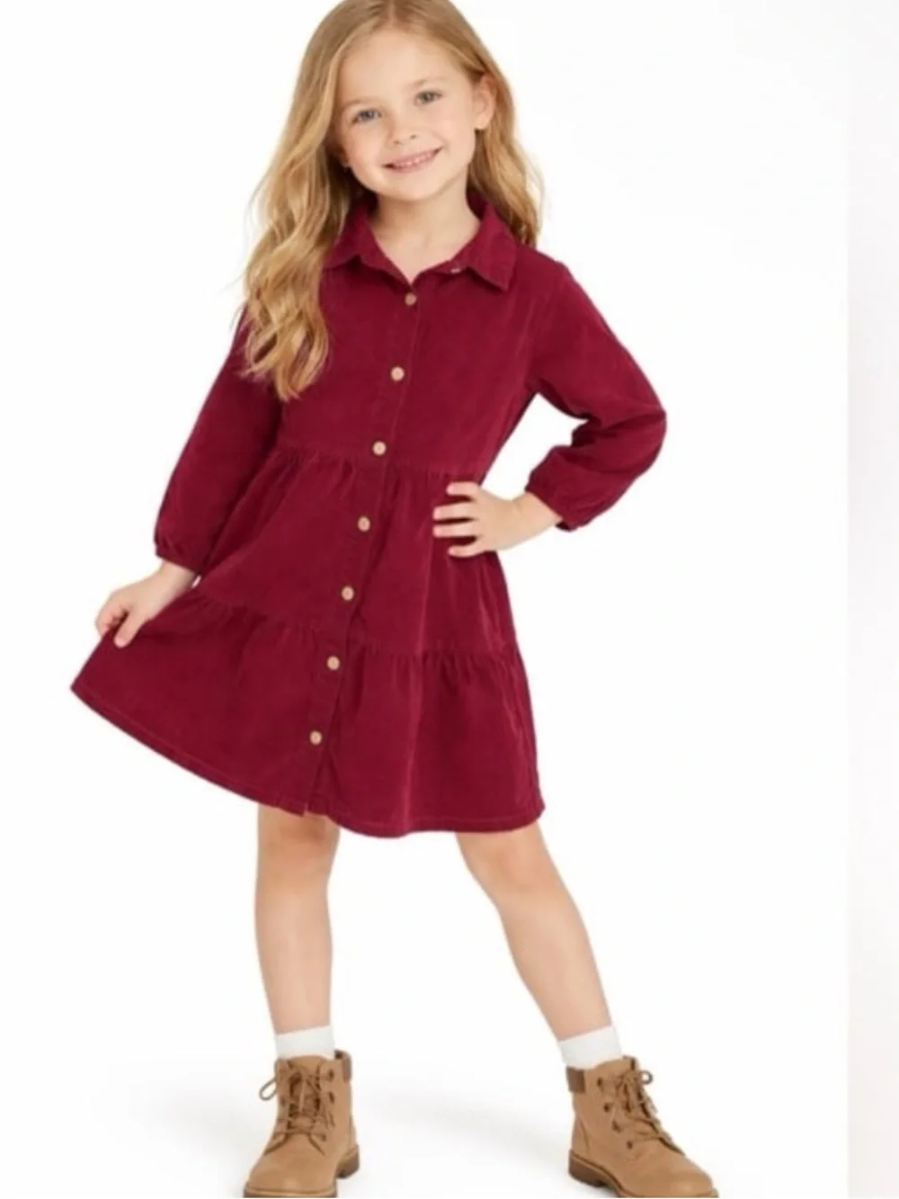Old Navy Girls Burgundy Corduroy Tiered Shirt Dress Size 6-7